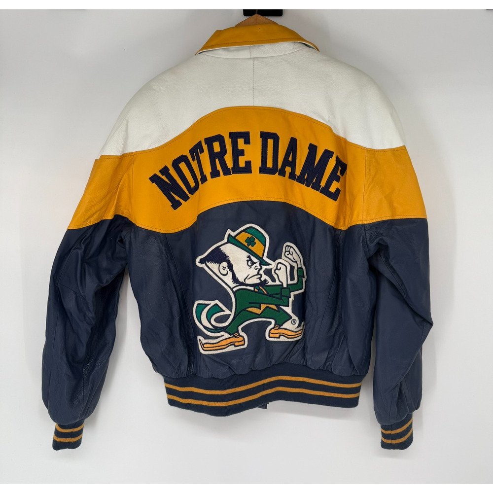 VTG College Phase Varsity Jacket Mens L Yellow Notre Dame Fighting Irish Leather - Picture 2 of 14